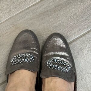 Adrianna Papell Silver and silver and Gray Mules with Decorative